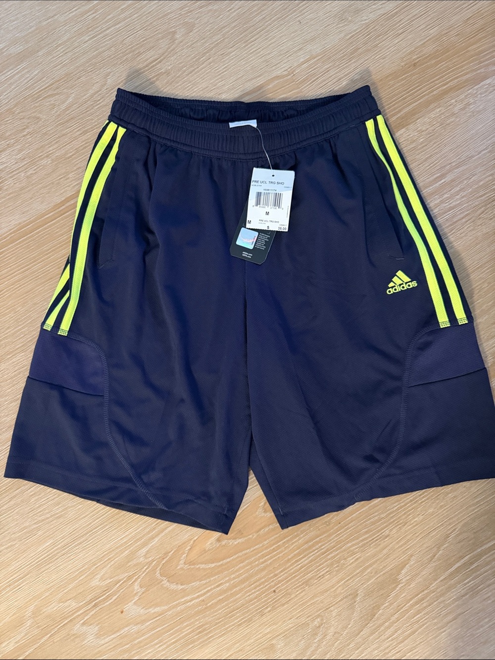 New adidas Men’s Dark Blue Athletic Shorts with Neon Yellow Stripes